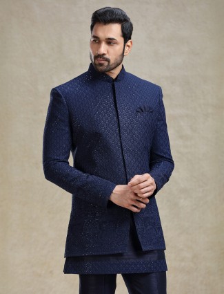 Navy silk short jacket style indo-western 