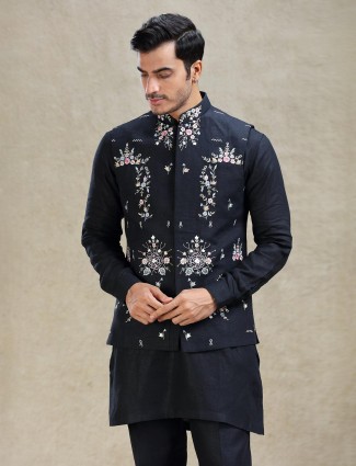 Navy timeless linen waistcoat set with embroidery work