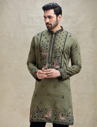 Olive embroideried kurta pajama set for festive look