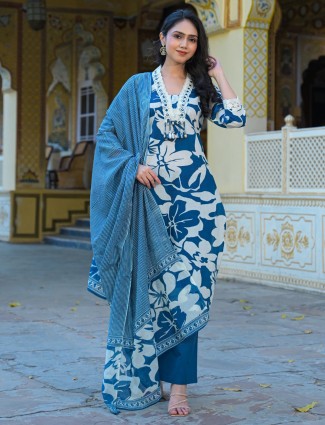  Blue Printed festive cotton silk kurti set