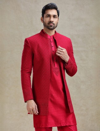 Rani coloured open jacket style indo-western set for men