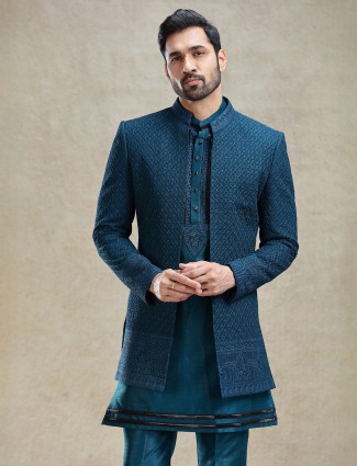 Teal blue open style silk jacket indo-western