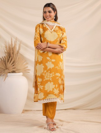 Yellow printed cotton kurti set for women
