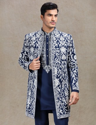Blue long jacket style indo-western in rich work for mens