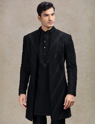 Charming classy black long jacket style indo-western set for mens