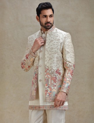 Dark beige short jacket style colourful embroidery indo-western