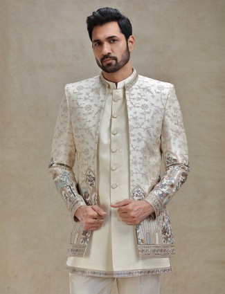 Light beige colourful embroidered layered indo-western for mens
