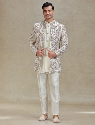 Light beige silk colourful embroidery indo-western set 