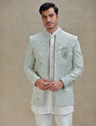 Mint green georgette short jacket style indo western set 