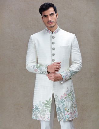Modern charming white long wedding indo-western for mens