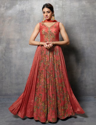 Orange printed silk anarkali suit for women 