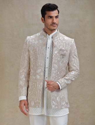 Peach layered short jacket style georgette indo-western for mens