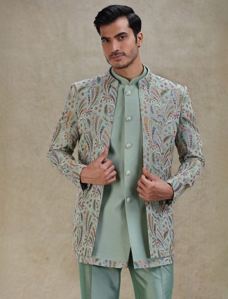 Pista green stylish embellishment layered indo-western 