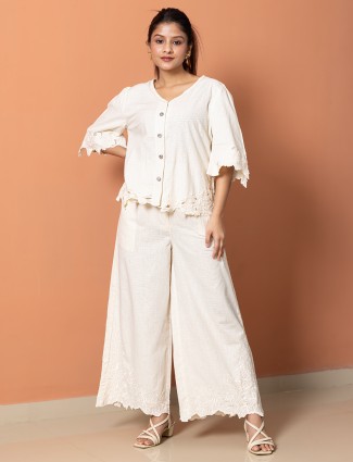 Beige rippped pattern cotton co-ord set 