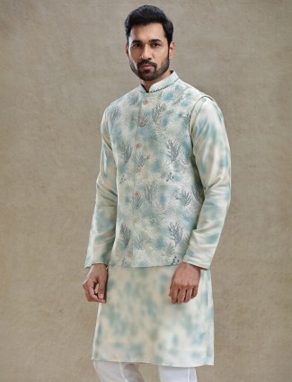 Cream and mint green shaded silk kurta jacket set for reception
