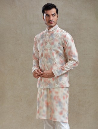 Cream and peach shaded silk waistcoat set for festive charm