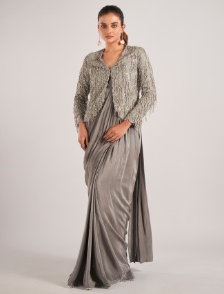 Dark grey chinon silk jacket style saree
