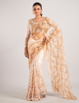 Gold net with stylish designer saree for wedding