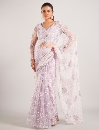Lavender net saree for reception