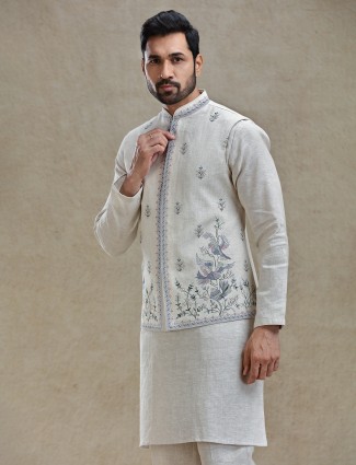 Light beige linen fabricated kurta jacket set