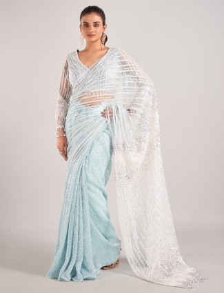 Light blue net with designer saree