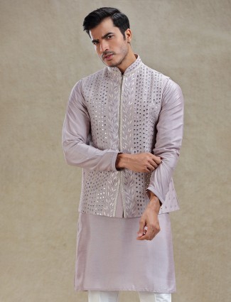 Lilac purple linen waistcoat set in mirror work