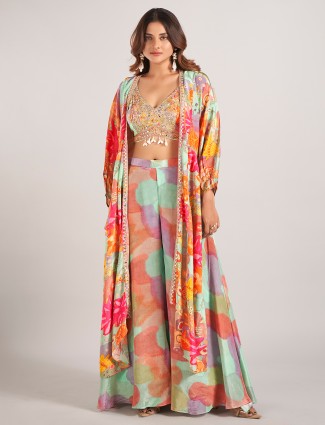 Multi color jacket style satin silk palazzo suit