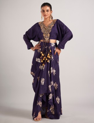 Purple silk wedding wear indowestern suit