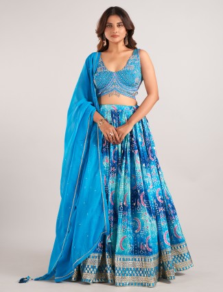 Rama blue silk wedding wear lahenga choli with dupatta
