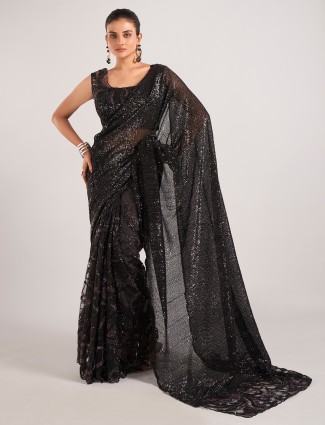 Stylish black net with designer saree