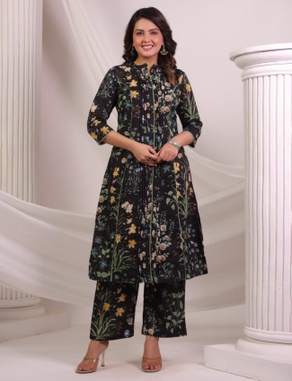 Black printed cotton kurti set