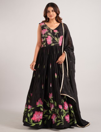 Black silk anarkali  printed suit with dupatta 