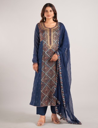 Blue cotton silk printed salwar suit with dupatta