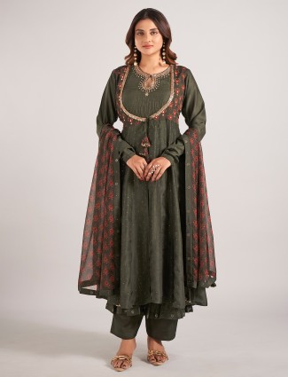 Bottle green printed cotton silk salwar suit for Women
