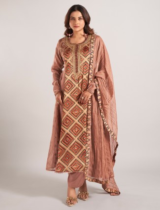 Dusty beige printed cotton silk salwar suit for festival