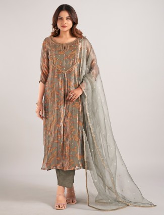 Grey printed soft wedding wear organza salwar suit 