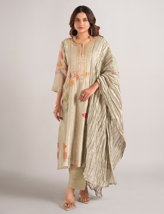 Pista green printed silk salwar suit with dupatta for Women