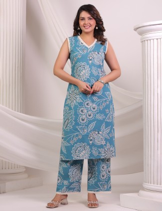 Sky blue printed casual wear cotton kurti set