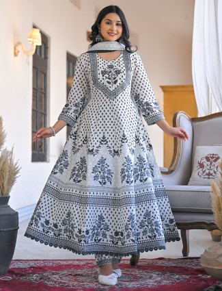 White printed cotton kurti set for women