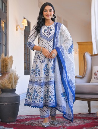 White printed cotton kurti set for festival