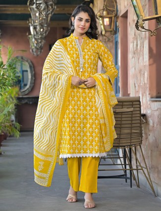 Yellow aabla work cotton printed kurti set 