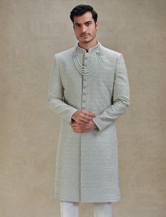 Cream lucknowi georgette sherwani wedding set with dupatta