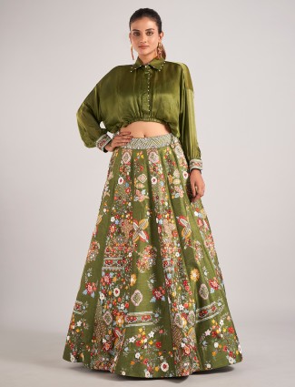 Mehendi green printed silk lehenga choli for Women