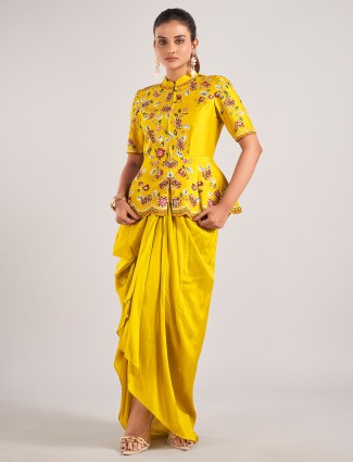 Mustard yellow silk indowestern suit for wedding 
