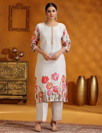 Beige printed cotton silk kurti set for Festival