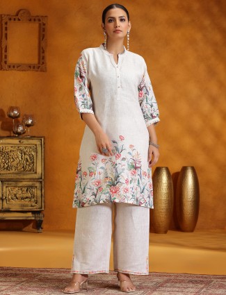 Cream Cotton silk printed kurti set for women 