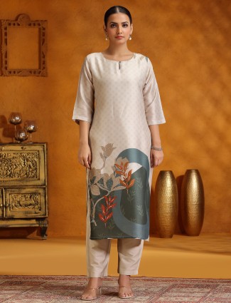 Cream printed festive wear silk kurti set