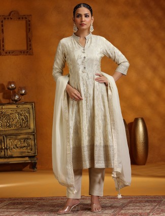 Cream silk zari weaving kurti set for Festival