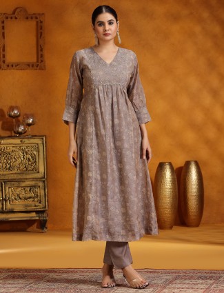 Dark beige soft printed organza kurti set 