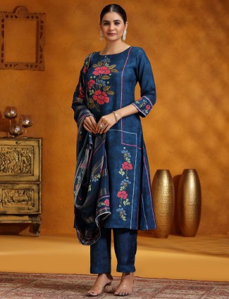 Dark blue printed festive wear silk kurti set for Women